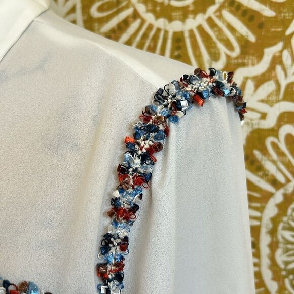 Zara Combination Textured Tweed Trim Chiffon Button Down Shirt in White size S - Picture 10 of 16